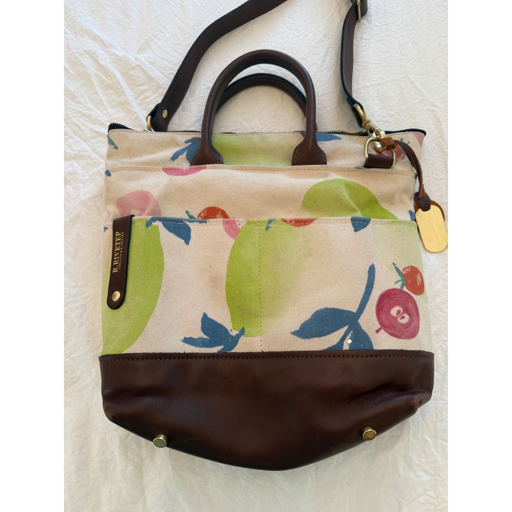 R. Riveter Tote Bag Womens Medium Cream Fruit Print Canvas Leather shoulder bag - Picture 4 of 6